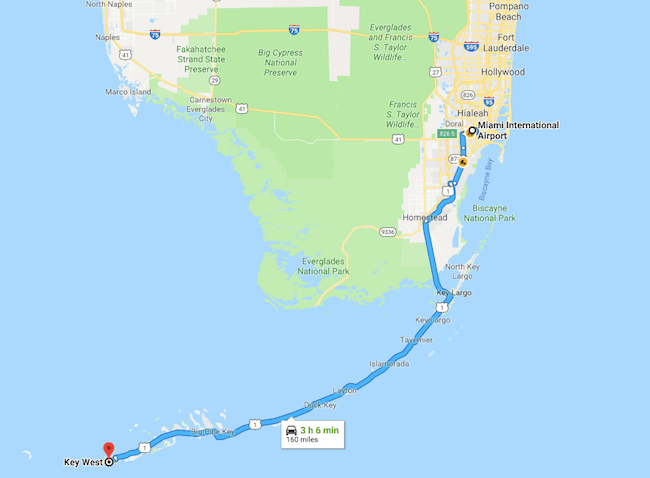 アメリカにある都市マイアミからキーウェストまでの道のりを表した地図